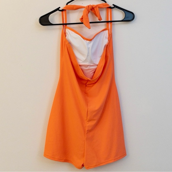 Vintage-Inspired Orange Ruched Swim Dress Size M Halter Neck w Built-in Shorts - Picture 2 of 3